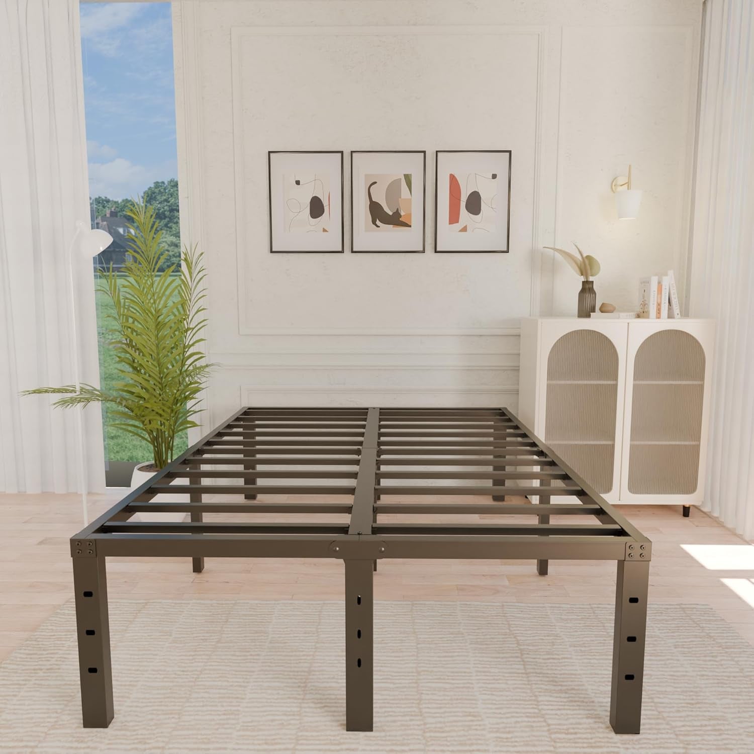 18 Inch Metal Full Size Bed Frame - Black Basic Steel Slats Platform, Easy Assembly Heavy Duty Noise Free Bedframes, No Box Spring Needed
