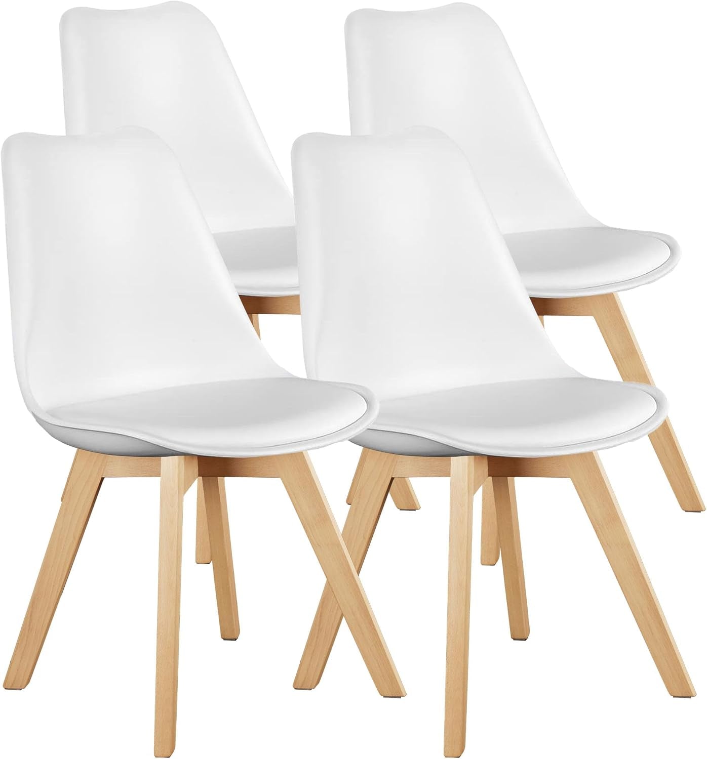Set of 4 Dining Kitchen Mid-Century Modern Chairs with Wood Legs and PU Leather Cushion for Living Room Bedroom Outdoor Lounge, White