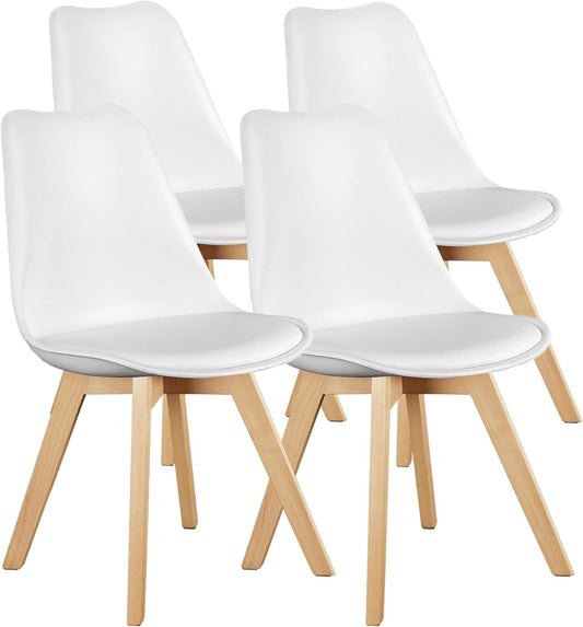Set of 4 Dining Kitchen Mid-Century Modern Chairs with Wood Legs and PU Leather Cushion for Living Room Bedroom Outdoor Lounge, White
