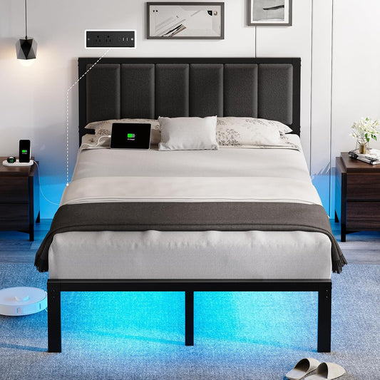 Full Bed Frame with Headboard Metal Platform Bed Full Size with USB Charging Station and LED Lights, No Box Spring Needed