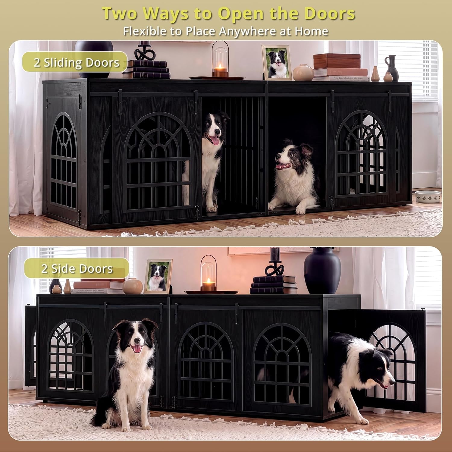 90.2" Double Room Dog Crate Furniture with Sliding Doors– Heavy Duty Wooden Dog Kennel with Hinged Divider, TV Stand & End Table for Large to Medium Dogs, Brown (Black)