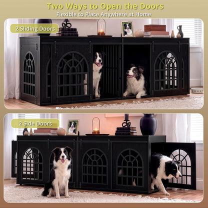 90.2" Double Room Dog Crate Furniture with Sliding Doors– Heavy Duty Wooden Dog Kennel with Hinged Divider, TV Stand & End Table for Large to Medium Dogs, Brown (Black)