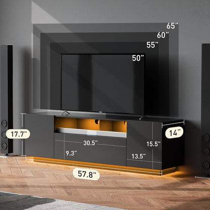 Modern TV Stand for 65 Inch TV, Entertainment Center with LED Lights & Large Storage Cabinets, Sturdy Media Console for Living Room, Bedroom, Gaming(Black)