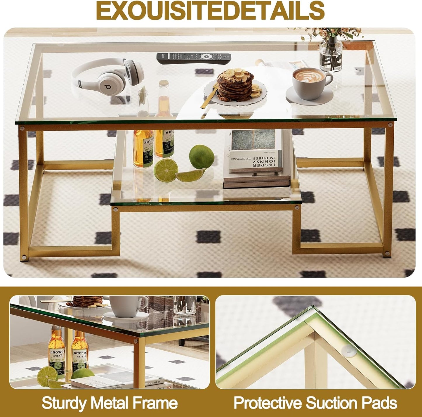 Coffee Table Gold Glass Coffee Table for Living Room,2 Tiers Rectangle Center Table with Sturdy Metal Frame,Modern Tempered Glass Accent Table for Bedroom Home Office