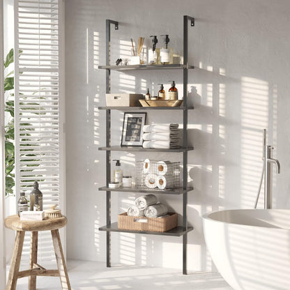 5-Tier Bookshelf, Wall Mount Ladder Shelf with Wood Board and Industrial Metal Frame, for Home Office, Living Room, Bedroom, Entryway and Hallway, (1, Black)