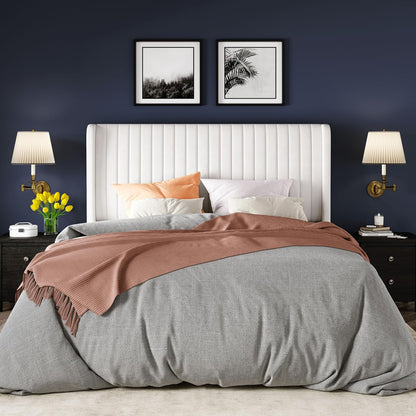 Full Size Velvet Bed Frame/Vertical Channel Tufted Wingback Headboard/Upholstered Platform Bed/Strong Wooden Slats/No Box Spring Needed/Easy Assembly/White