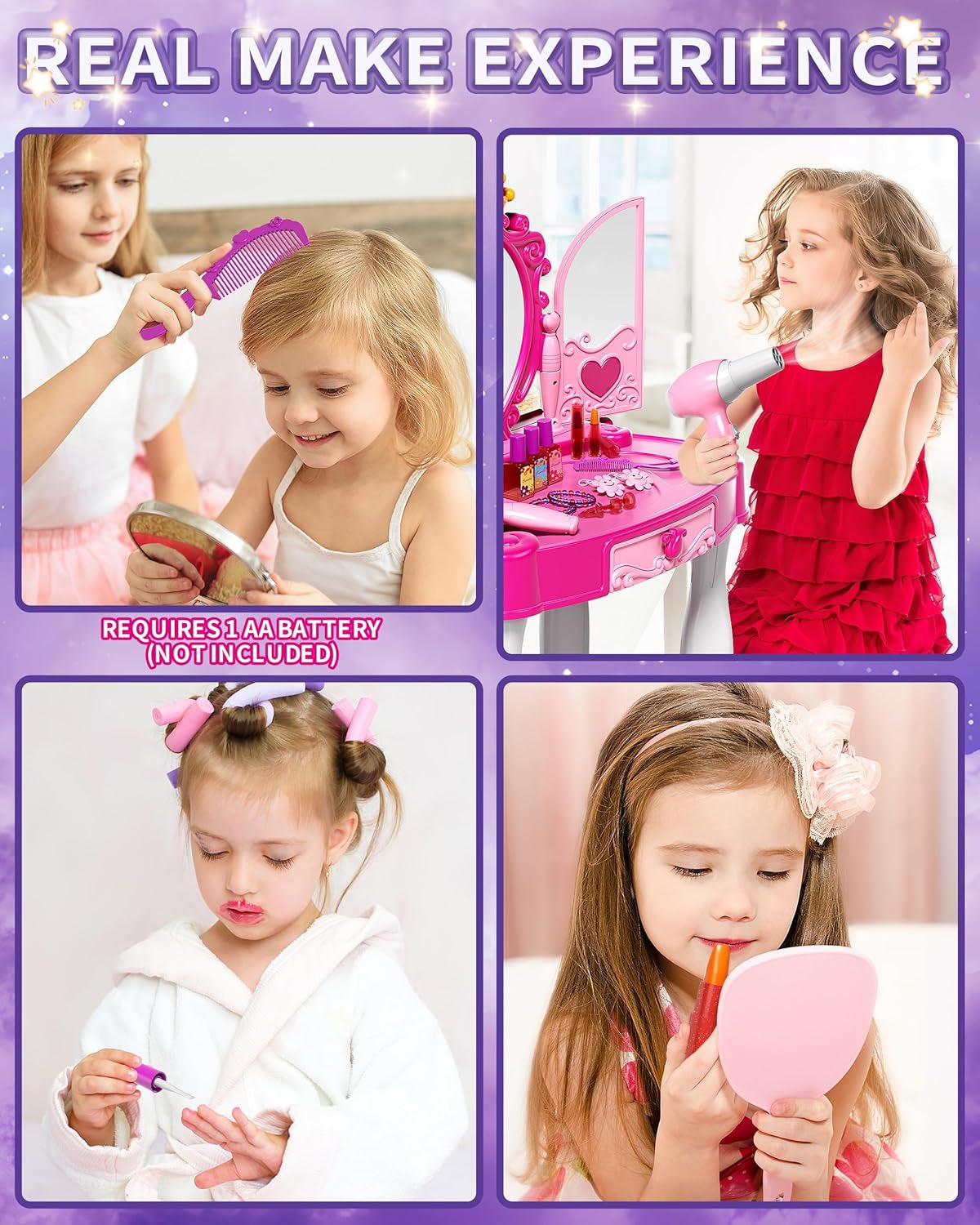 Toddler Makeup Table with Mirror and Chair, Kids Makeup Vanity Set with Accessories and Lights and Music Sound for Girls, Toddlers 3-5 Years Old