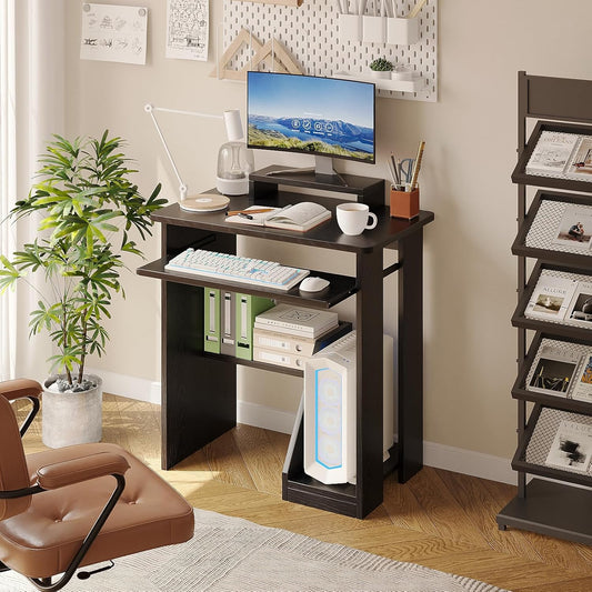 30" Small Computer Desk with Keyboard Tray Monitor Stand, Study Writing Desk with Storage Shelves, Modern Workstation for Small Spaces, save Space, Black A