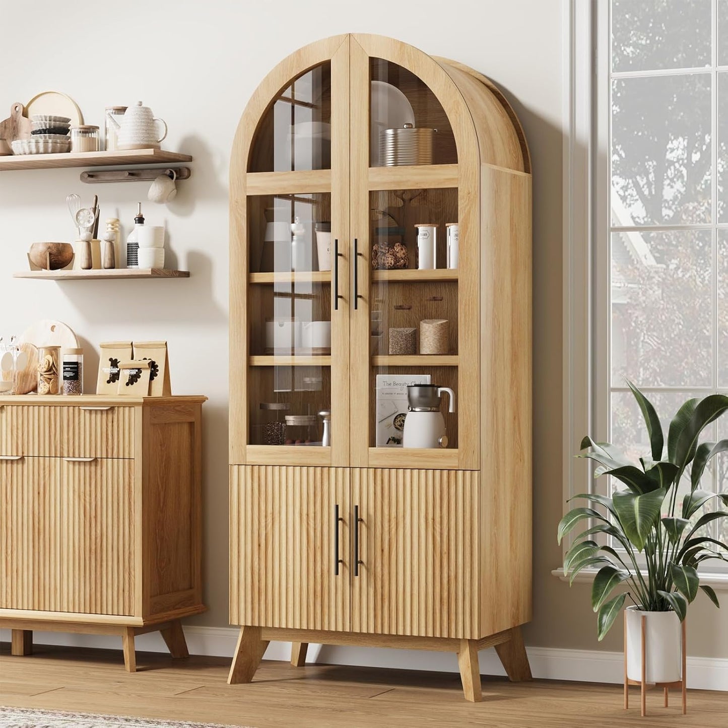 71" Modern Fluted Display Cabinet with Glass Door, Arched Curio Cabinet with Adjustable Shelf, Bookcase for Collectibles Books, Storage Cabinet for Living Room, Dining Room, Natural Oak