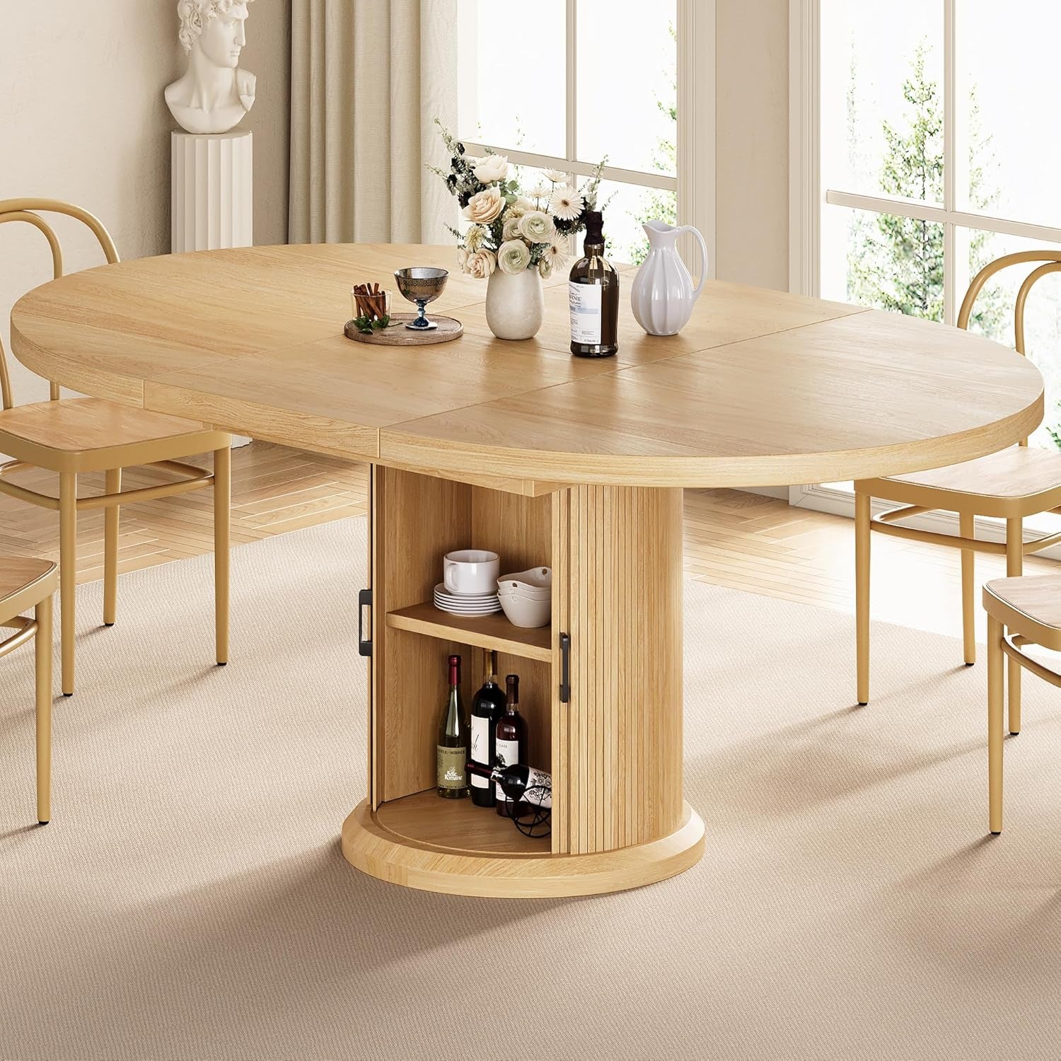 Dining Table for 4-6,63“Extendable round Kitchen Dining Room Table with 2-Tier Storage Shelf, Space Saving Expandable Wood Oval Circle Dinner Furniture with Pedestal Base (Brown)