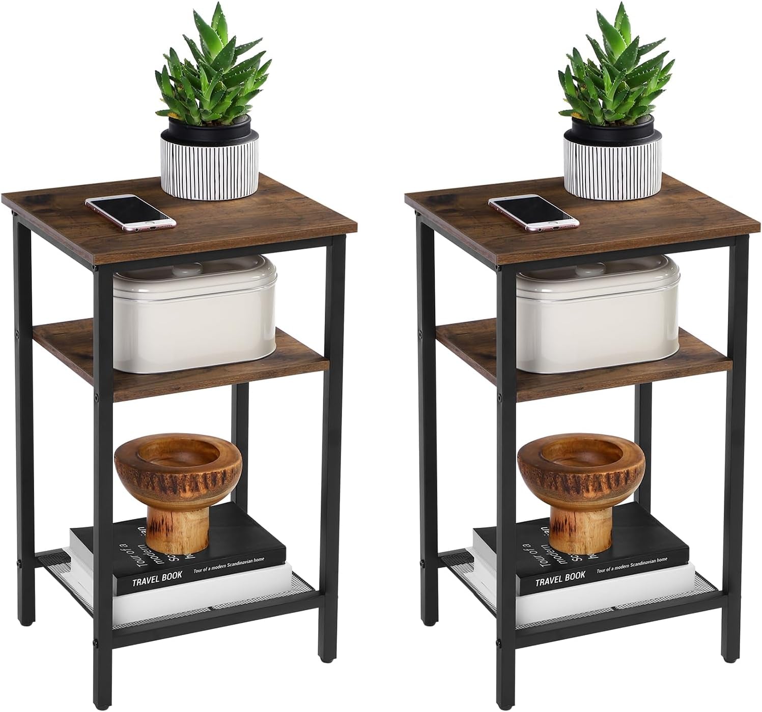 End Table Set of 2, 3-Tier Nightstands, Side Table for Small Space in Living Room, Bedroom, Steel Frame, Easy Assembly, 2-Pack, Chestnut Brown