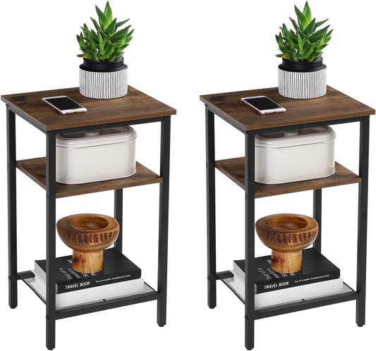End Table Set of 2, 3-Tier Nightstands, Side Table for Small Space in Living Room, Bedroom, Steel Frame, Easy Assembly, 2-Pack, Chestnut Brown