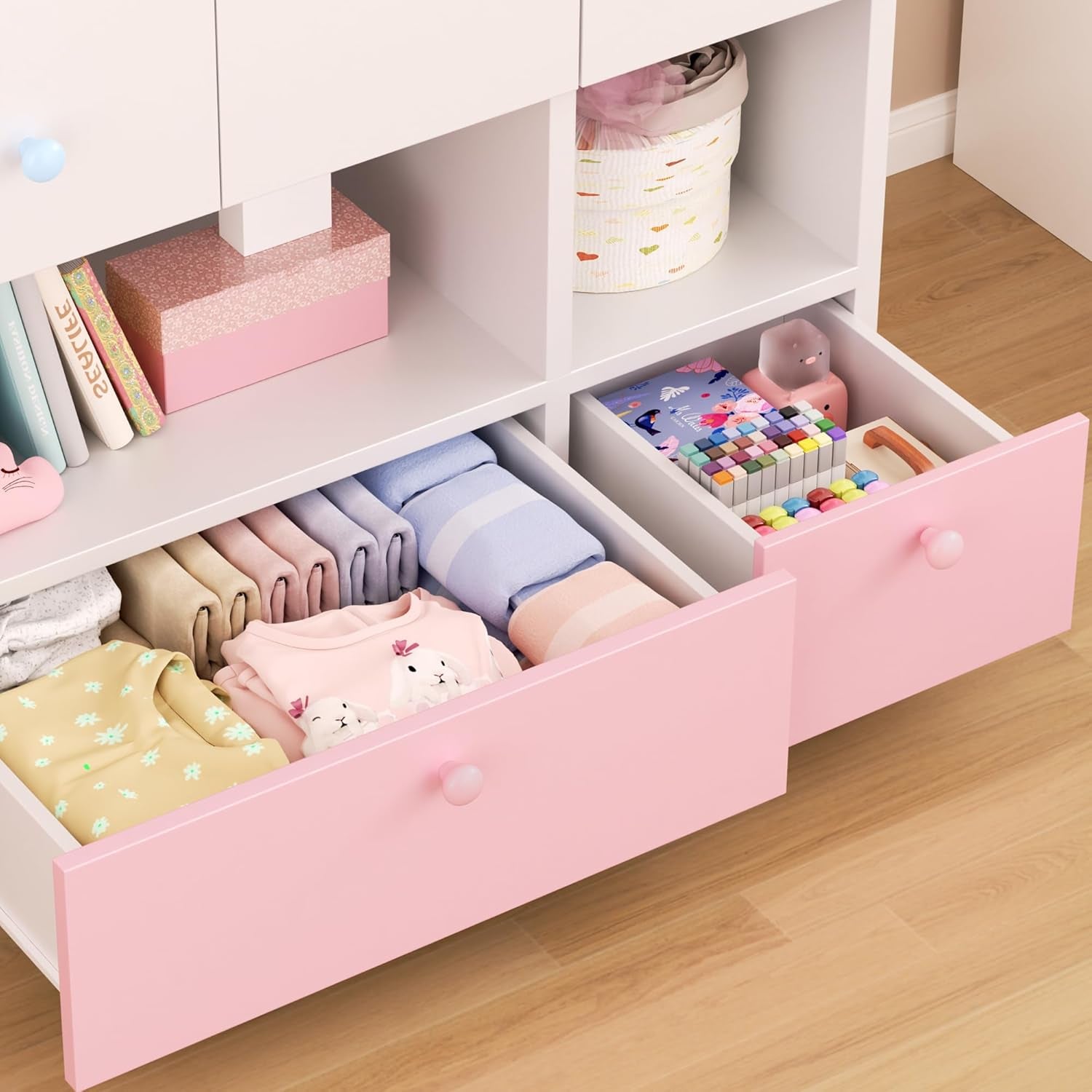 White Armoire Wardrobe Closet with Adjustable Storage Shelves and Drawers, Freestanding Wooden Wardrobe Cabinet Closet, Kids Bedroom Armoire with 3 Doors, Hanging Rod, Toy Storage for Kids' Room, Dorm