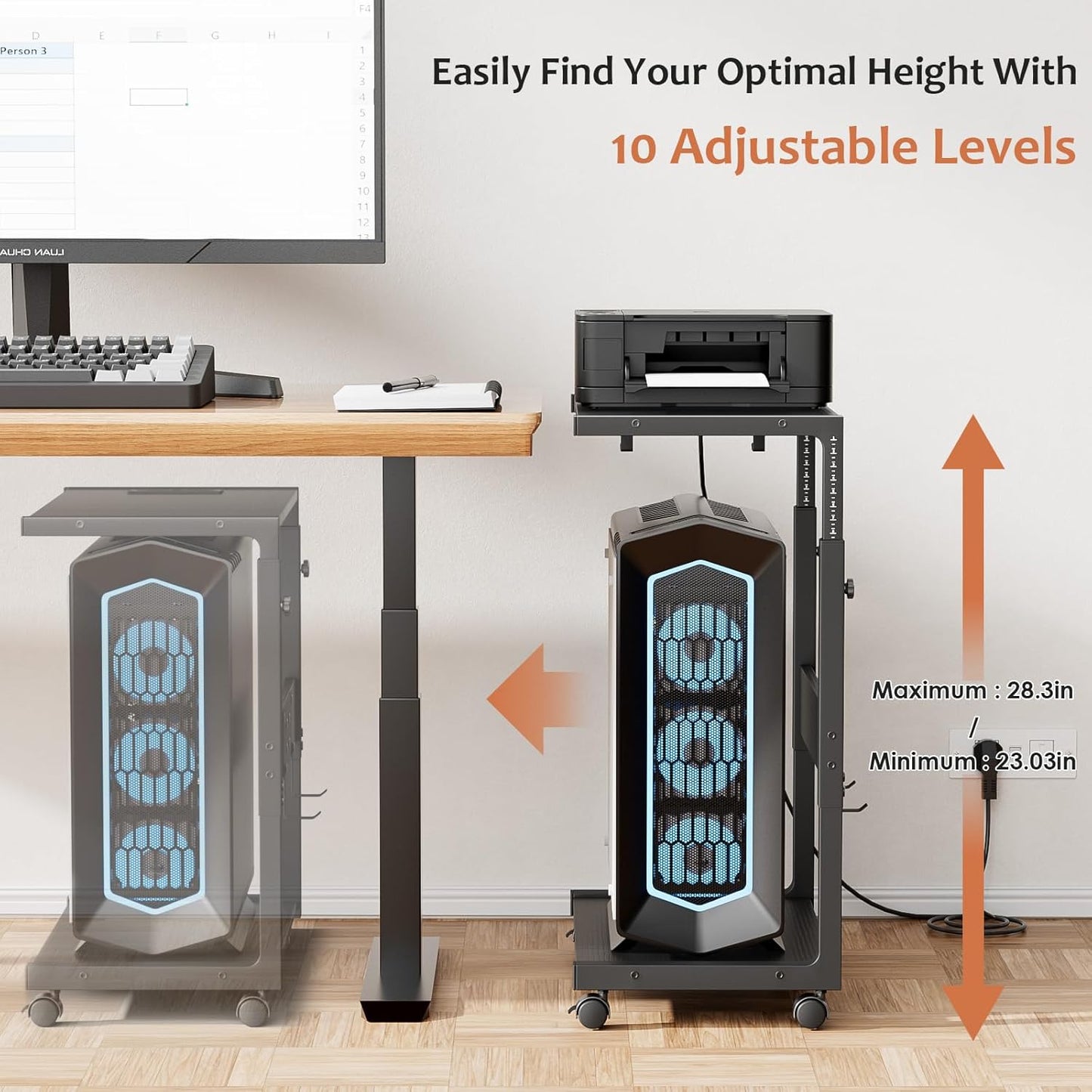 Computer Tower Stand - Adjustable PC Tower Stand CPU Holder Cart with Charging Station for Office Home Classroom,23.03"-28.3" H, Black