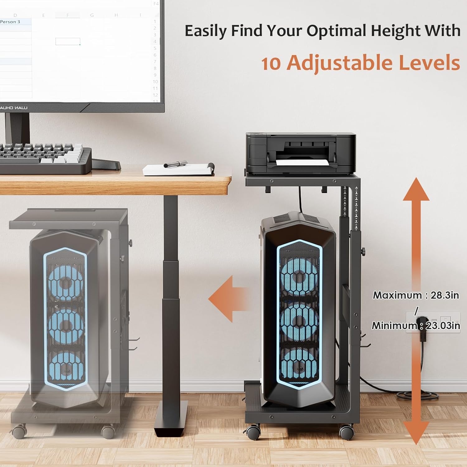 Computer Tower Stand - Adjustable PC Tower Stand CPU Holder Cart with Charging Station for Office Home Classroom,23.03"-28.3" H, Black