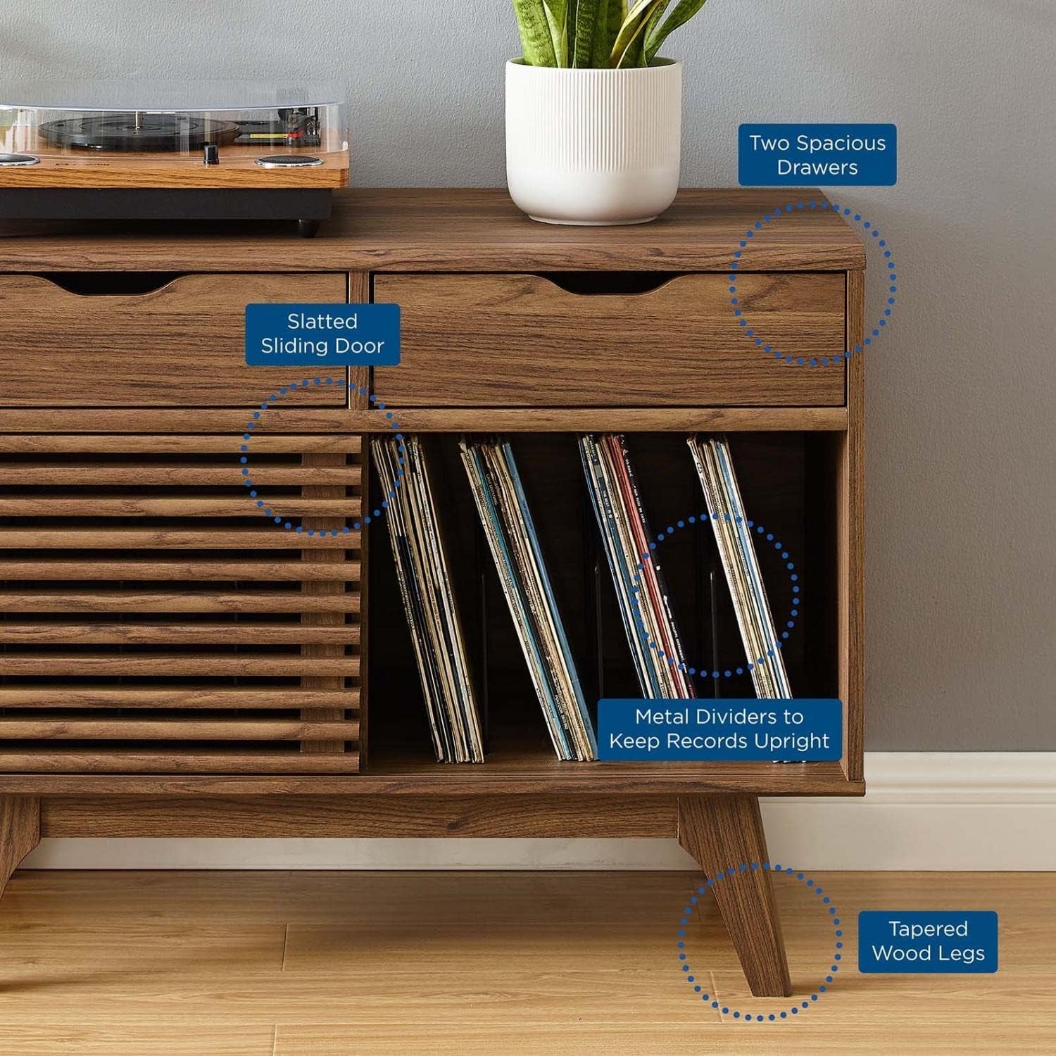 Render Mid-Century Modern Vinyl Record Storage Display Cabinet, 37 Inch, Walnut