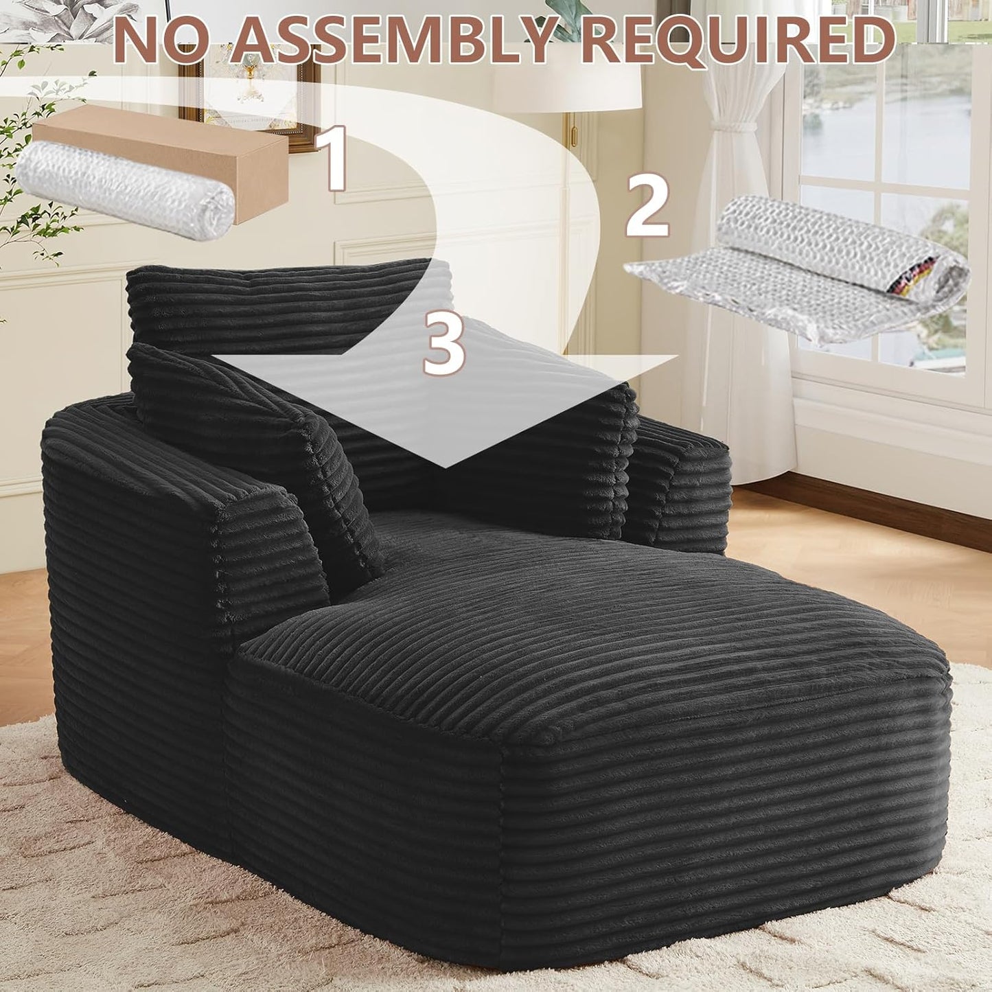 Oversized Chaise Lounge Chair Indoor, Corduroy Comfy Boneless Sleeper Sofa Couch with Pillows for Living Room Apartment Reading Nook, No Assembly Required, 45.3”W, Black