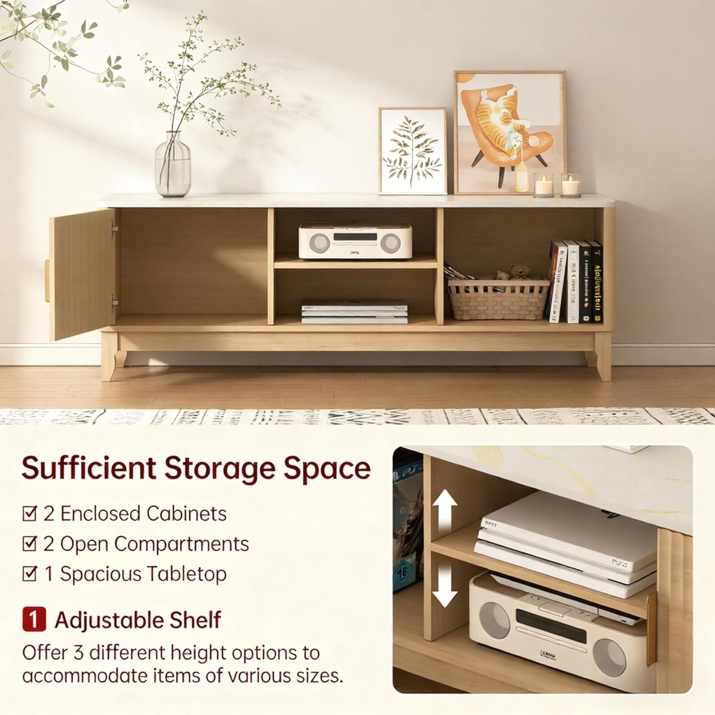 Mid Century TV Stand for Living Room, 55 Inch TV Console with Storage & Cable Holes, Entertainment Center for 32-60 Inch Tvs, Modern TV Furniture with Fluted Doors & Adjustable Shelf, Natural Wood