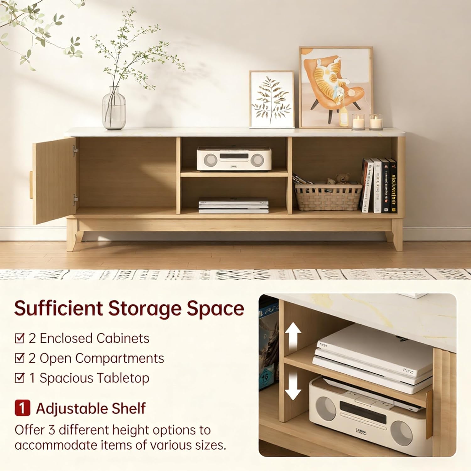 Mid Century TV Stand for Living Room, 55 Inch TV Console with Storage & Cable Holes, Entertainment Center for 32-60 Inch Tvs, Modern TV Furniture with Fluted Doors & Adjustable Shelf, Natural Wood
