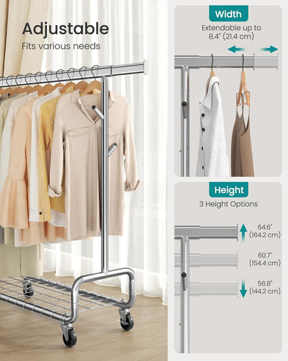 Clothes Rack, Heavy-Duty Rolling Clothing Garment Rack with Wheels, Extendable Hanging Rod and Adjustable Height, Portable, with Shelf and Hooks, Silver UHSR014E01