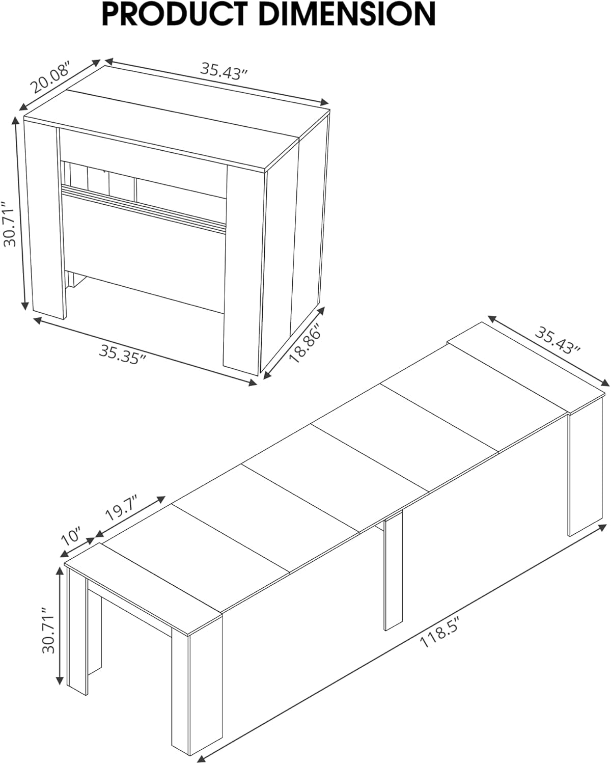 20''- 118.5'' Extendable Dining Room Table, Expandable Dining Table, Modern Large Table, for 2-12 Person, Walnut Brown