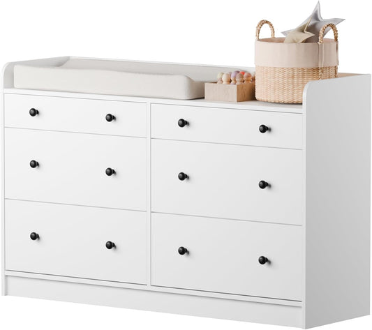 Baby Dresser with 6 Drawers and Large Table Top, Multi-Functional Chest of Drawer, Drawer Dresser with Three-Sided High Rails for Nursery, Children'S Room, Bedroom, White