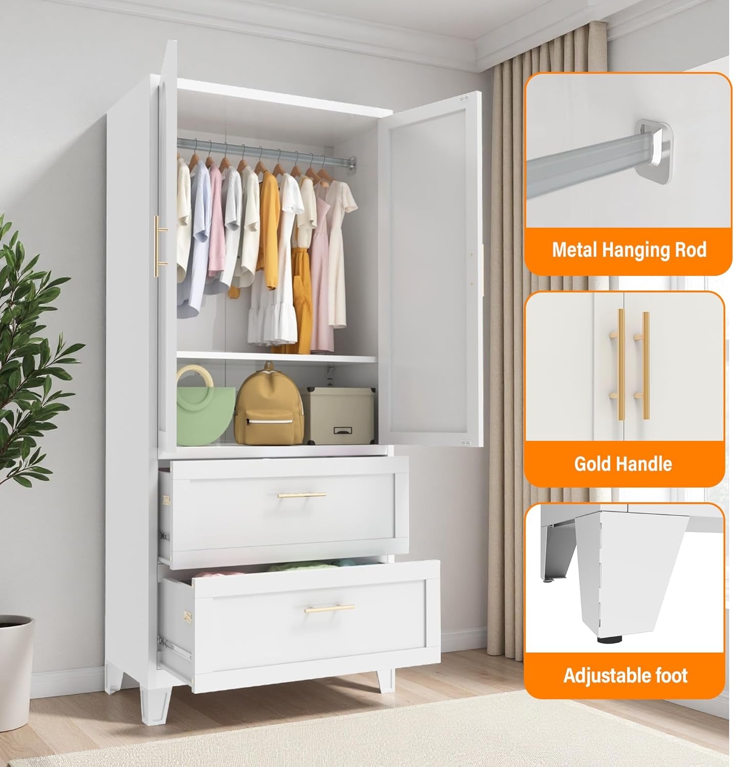 71 Inch Tall Metal Wardrobe Cabinet with 2 Drawers & Hanging Rod, Freestanding Closet with Adjustable Shelf, Space-Saving Storage Organizer for Bedroom, Entryway, Office, White