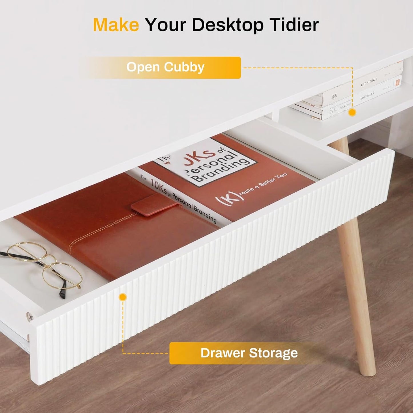 42" Wood Modern Office Desk with Drawer, Simple Writing Desk for Home, White