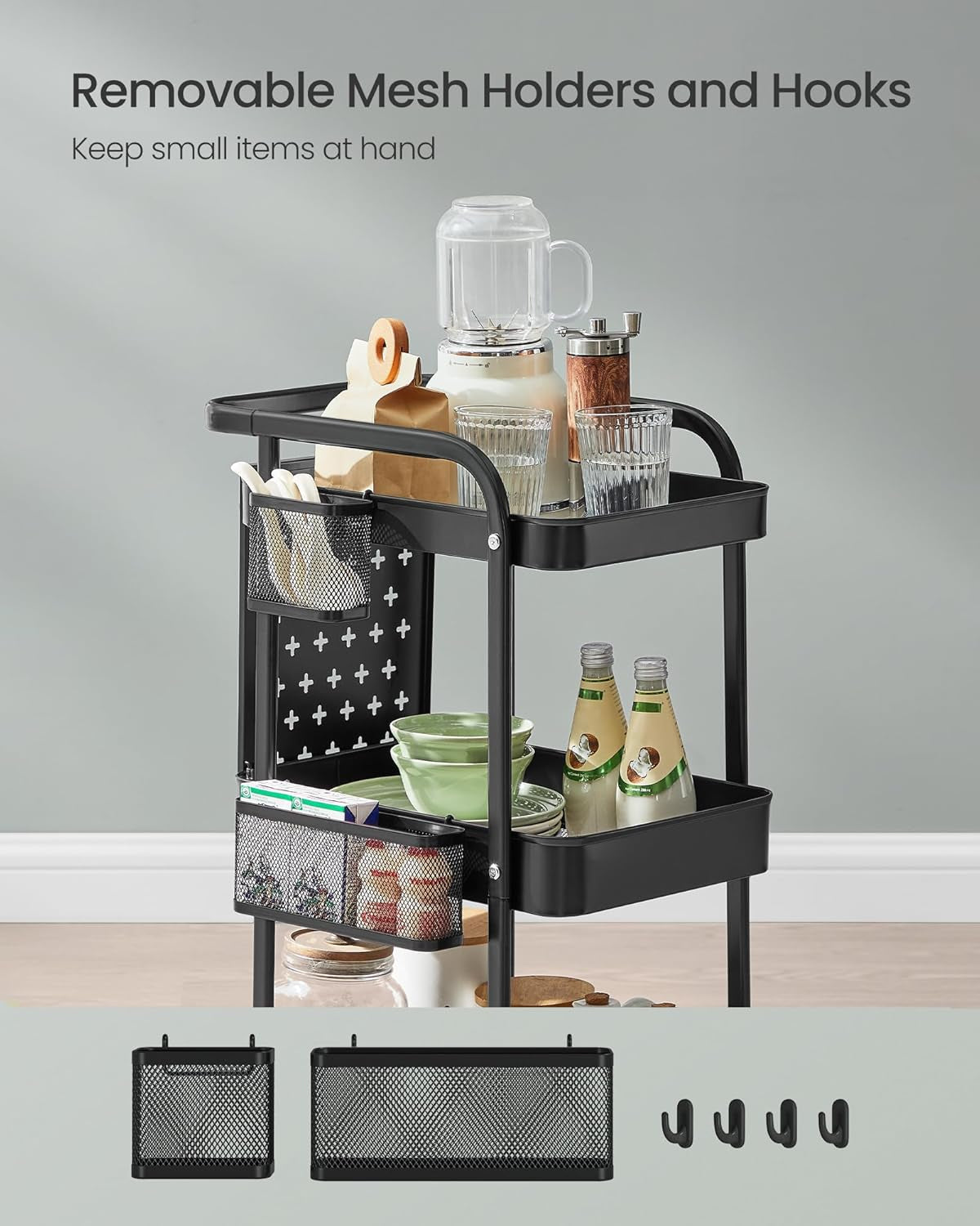3-Tier Storage Cart, Rolling Utility Cart, Metal Mesh Shelves, 2 Removable Pegboards, 2 Hanging Holders, 4 Hooks, Craft Cart for Living Room, Kitchen, Office, Bathroom, Ink Black ULRC037B01