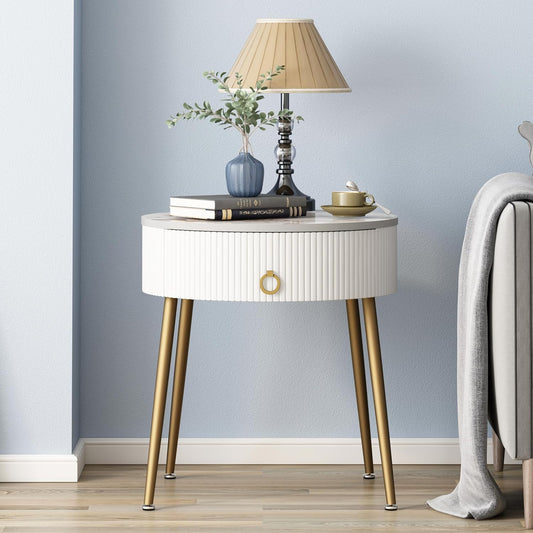 round Nightstand with Drawer, Modern Side Table with Marbling Natural Stone Tabletop and Metal Legs, Small End Table with Storage for Living Room and Bedroom, Gold