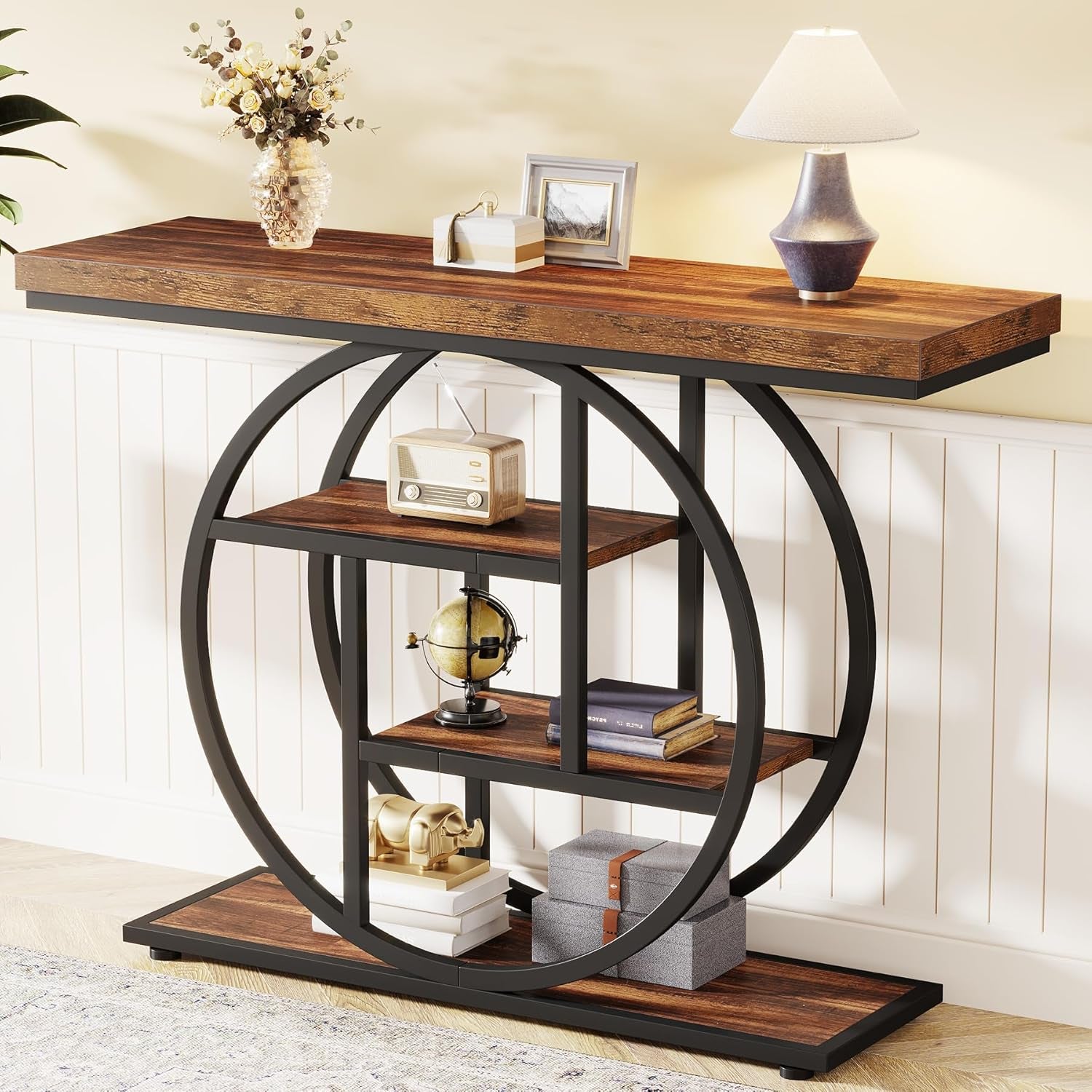 41.3" Console Table, Industrial 4-Tier Sofa Table Entryway Table with Circle Base, Narrow Wood Accent Tables with Storage Shelves for Living Room, Hallway, Foyer, Rustic Brown