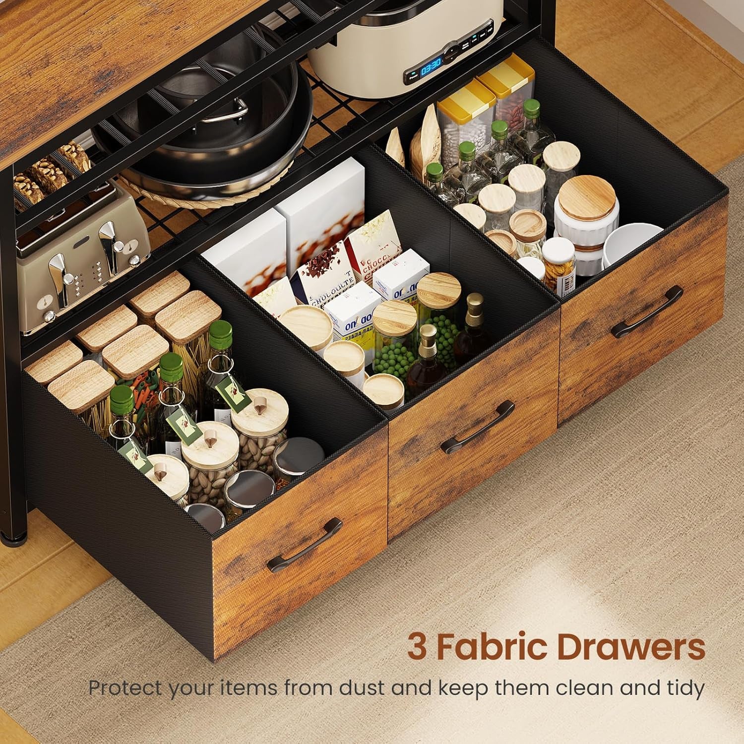 Bakers Rack with Storage and Power Outlet, 35.4 Inch Coffee Bar Cabinet, Microwave Stand Kitchen Cabinet with Hutch, LED Lights, Wine Rack and Hooks, Rustic Brown Rustic Brown