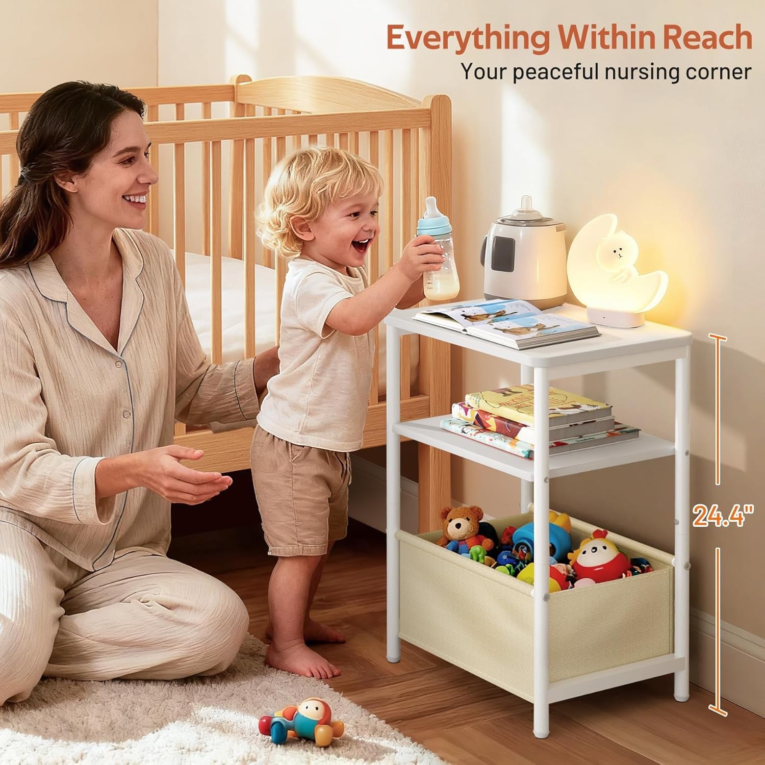 Nursery Side Table for Living Room with Large Storage Tabletop Small End Tables for Small Spaces with Fabric Basket White Bedside Table Toddler Night Stand for Bedroom, Sofa, Dorm, Office