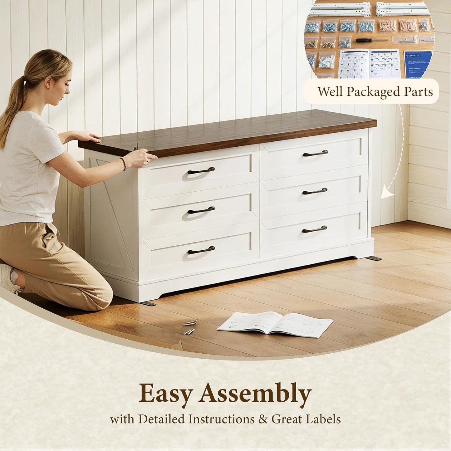 Farmhouse 6-Drawer Dresser for Bedroom, Heavy-Duty Storage Chest with Extra Thick Boards & Metal Handles, Sturdy Chest of Drawers, Anti-Tipping Safety Certified, White & Walnut