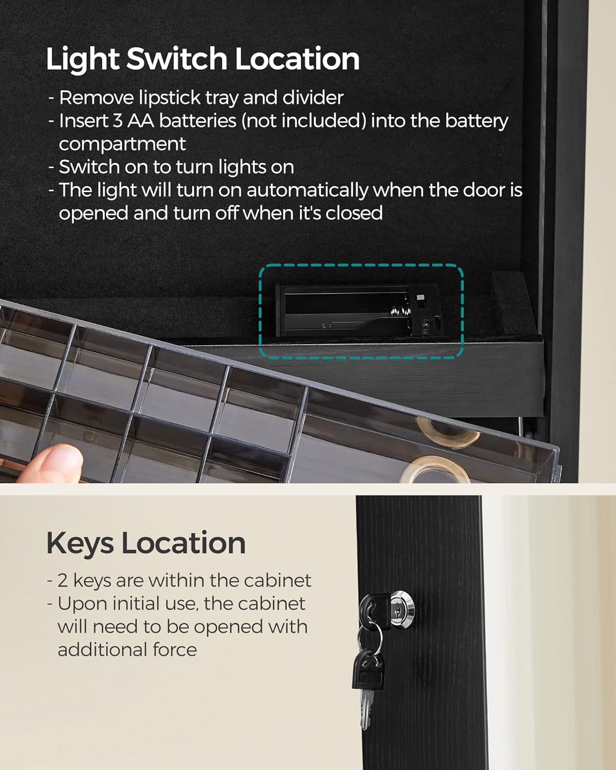 Mirror Jewelry Cabinet Standing Armoire Organizer, Jewelry Storage with Full-Length Frameless LED Lights, Built-In Makeup Mirror, 2 Drawers, Lockable, Black UJJC023B01