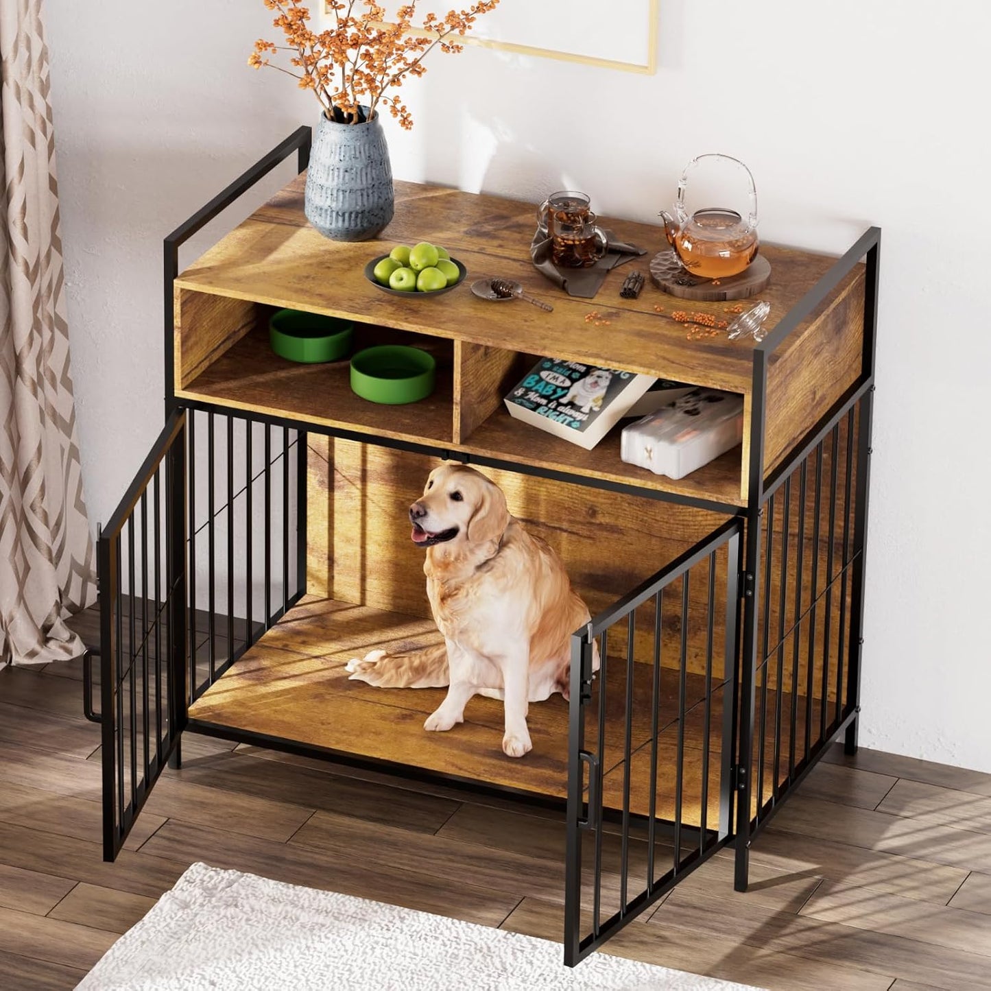 40/32 Inches Furniture-Style Cages,Large Medium Dog Kennels Indoor,Wood Dog Crate Table with Drawers Storage(Rustic Brown)