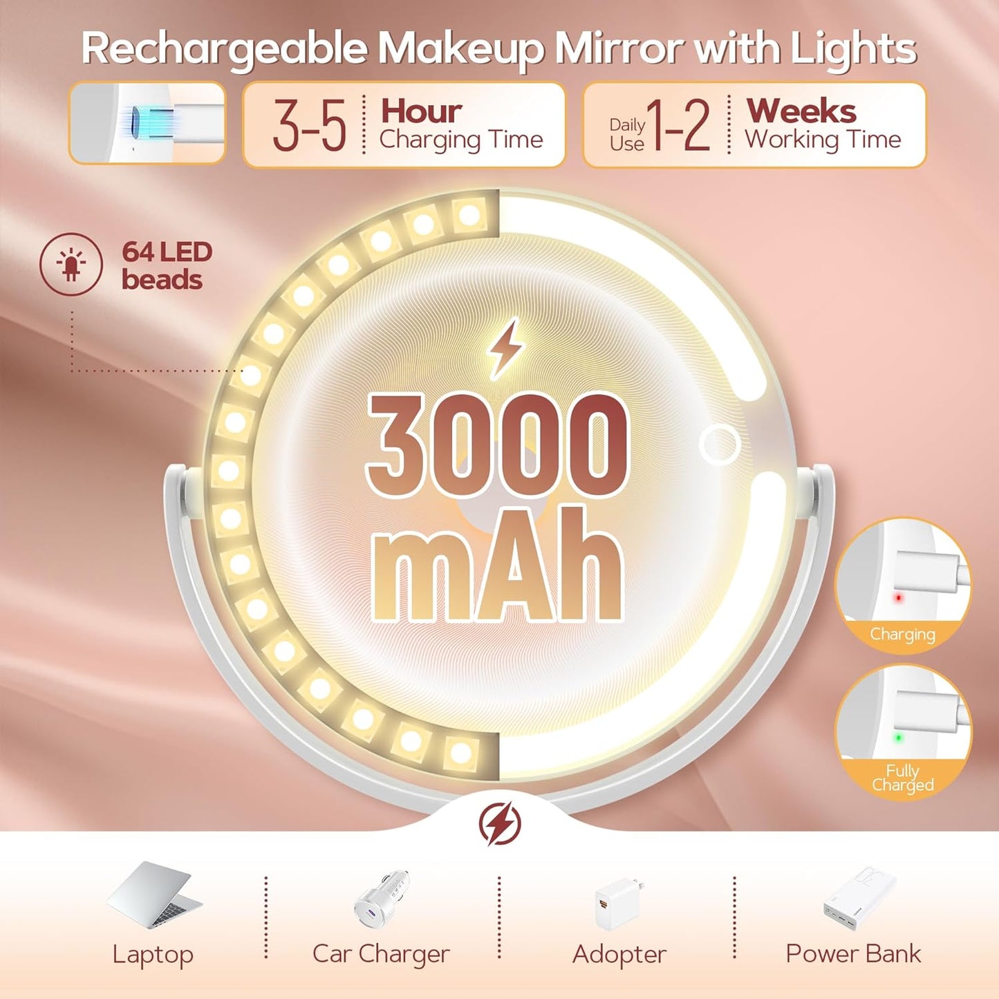 Makeup Mirror with Lights, Lighted Magnifying Mirror 30X with 3 Lighting and Adjustable Brightness, 2-Sided Height Adjustable Vanity Mirror for Bathroom, Gifts for Women White