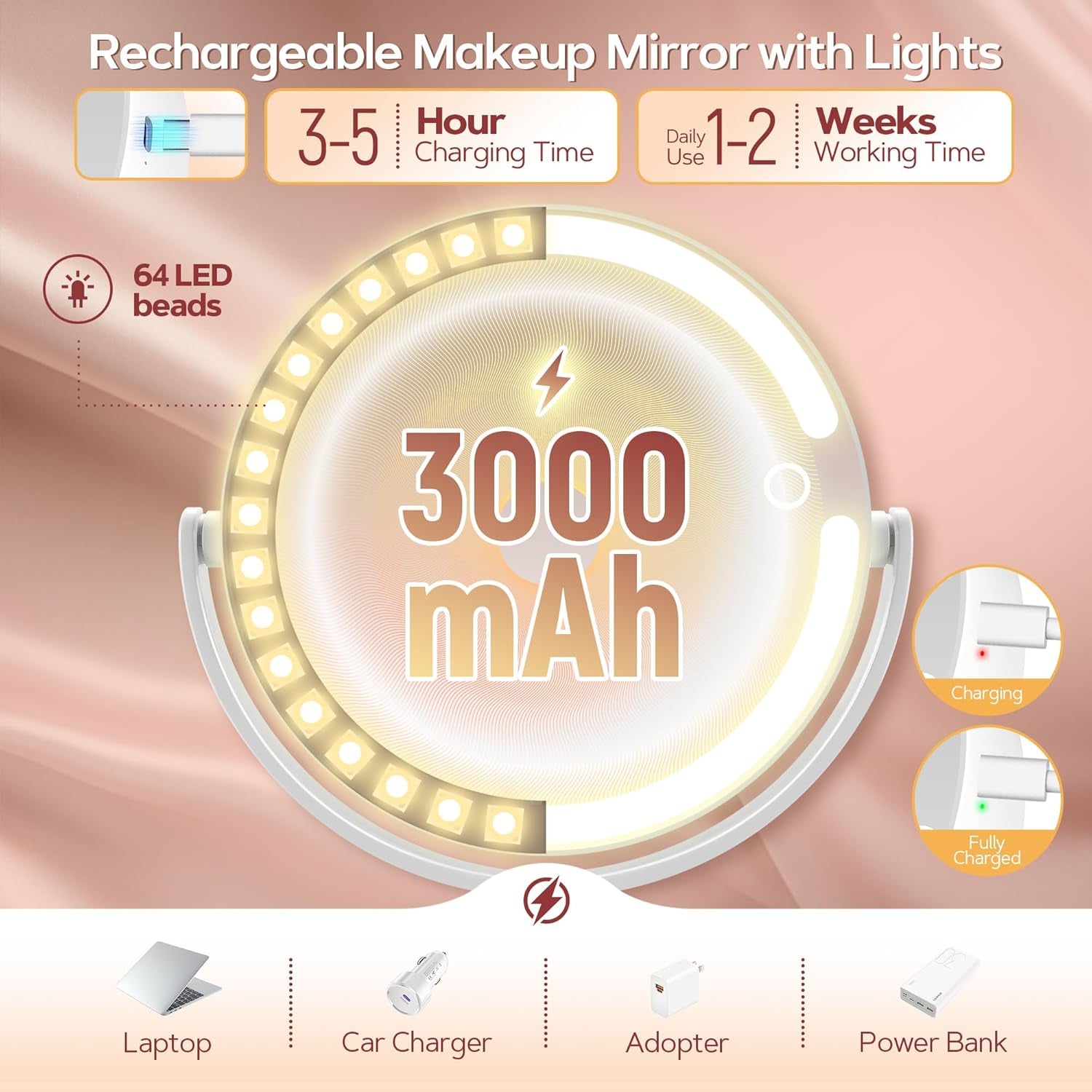 Makeup Mirror with Lights, Lighted Magnifying Mirror 30X with 3 Lighting and Adjustable Brightness, 2-Sided Height Adjustable Vanity Mirror for Bathroom, Gifts for Women White