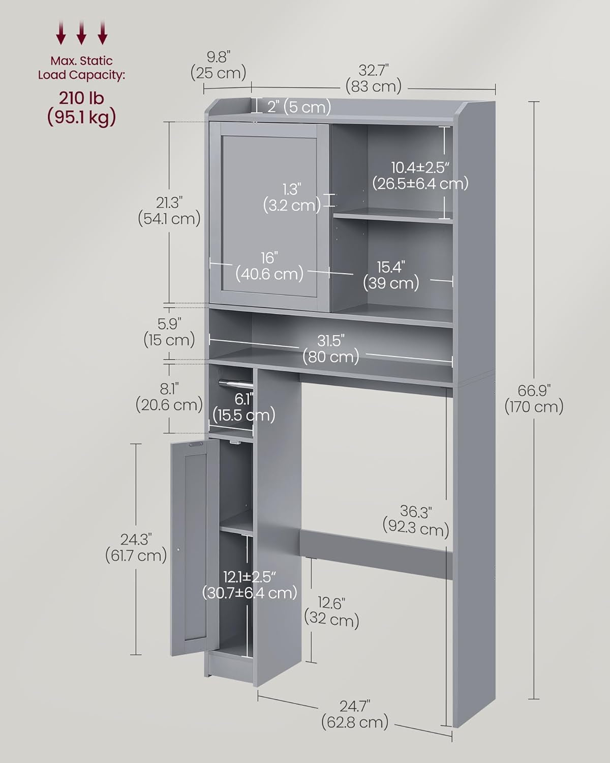 over the Toilet Storage Shelf, Bathroom Storage Cabinet with Sliding Door, Adjustable Shelves, Toilet Paper Holder, Space-Saving, Modern, 9.8 X 32.7 X 66.9 Inches, Dove Gray UBTS018G01