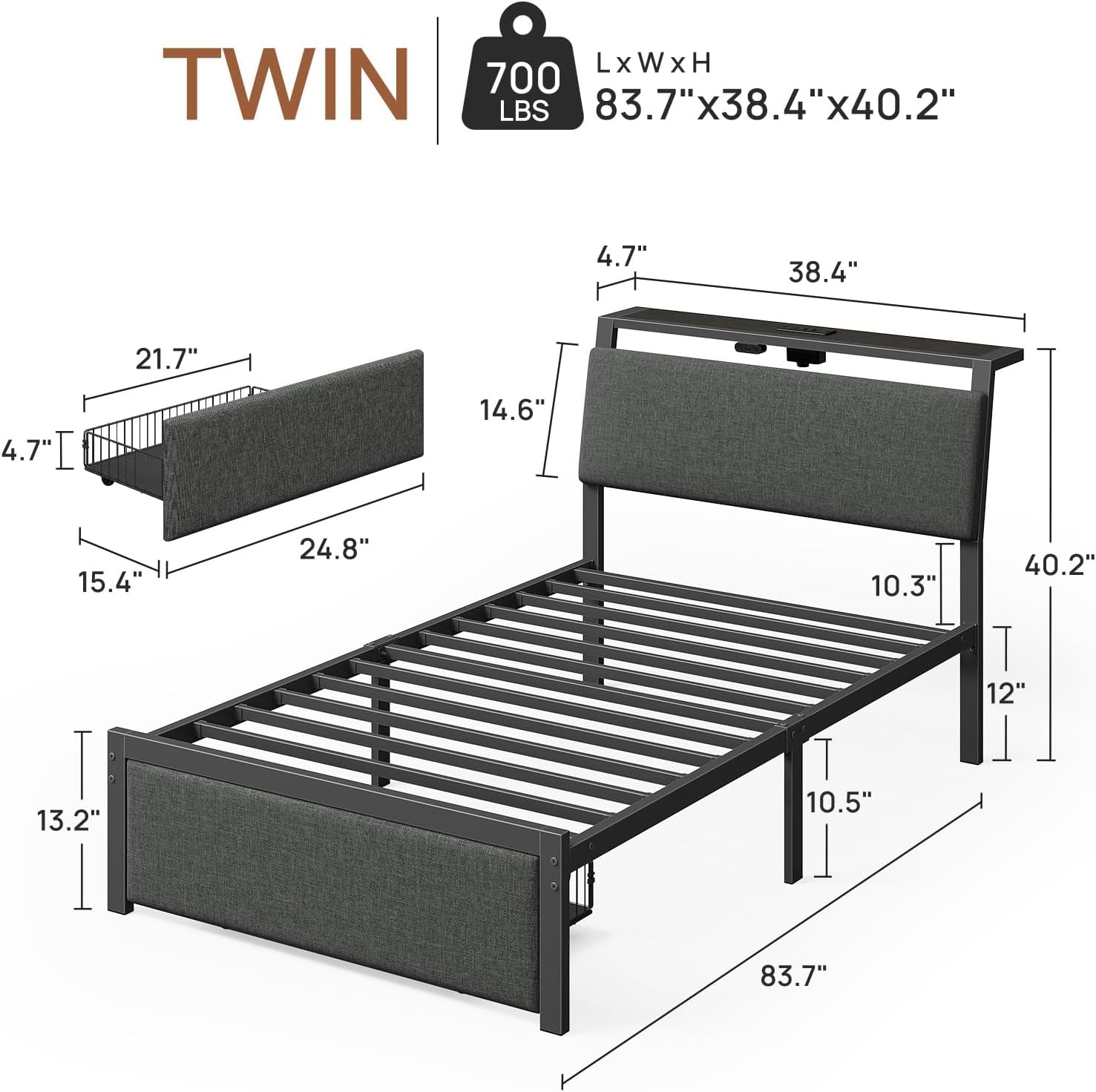 Twin Bed Frame with Ergonomic Headboard Storage & Charging Station, Upholstered Platform Bed with LED Light & Drawer, Heavy Duty Metal Slats, Noise Free, No Box Spring Needed, Grey