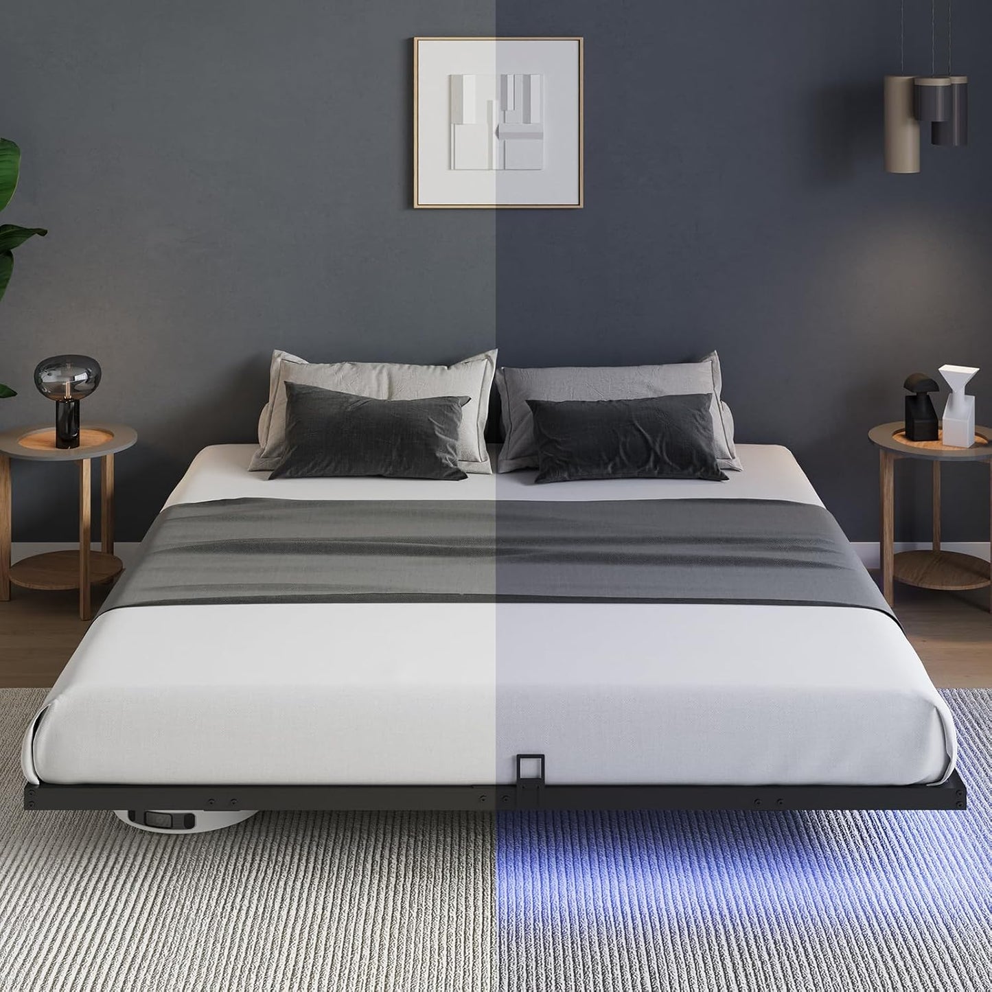 Floating Bed Frame with LED Lights, Modern Platform King Size Bed Frame with Mattress Slide Stopper, Easy Assembly, No Box Spring Needed, Noise Free