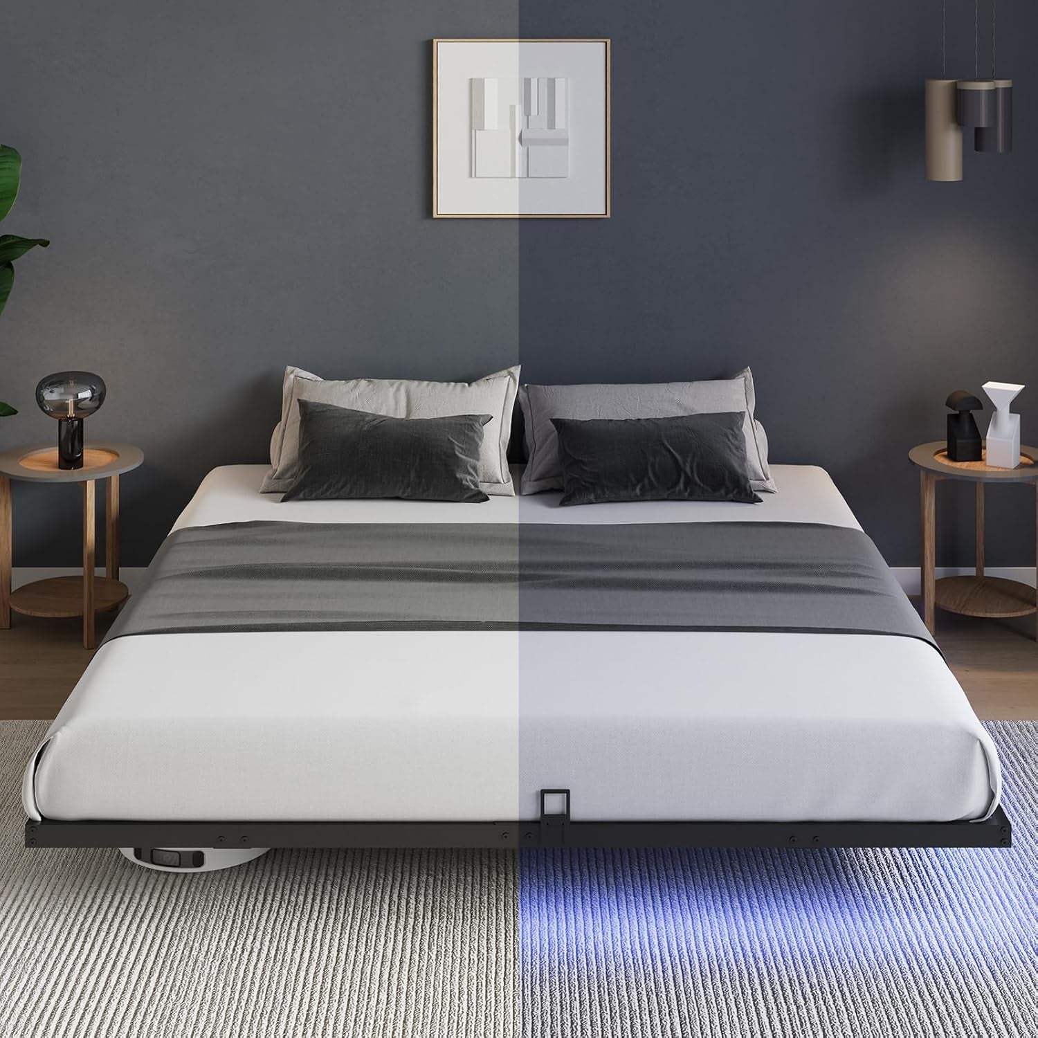 Floating Bed Frame with LED Lights, Modern Platform King Size Bed Frame with Mattress Slide Stopper, Easy Assembly, No Box Spring Needed, Noise Free