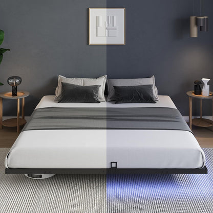 Floating Bed Frame with LED Lights, Modern Platform Full Size Bed Frame with Mattress Slide Stopper, Easy Assembly, No Box Spring Needed, Noise Free
