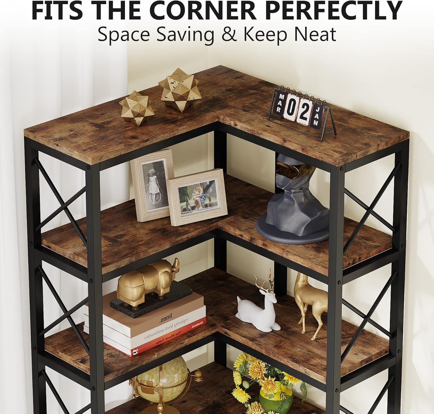 7-Shelf Corner Bookshelf,Large Modern Corner Bookcase, 7-Tier Tall Corner Shelf Storage Display Rack with Metal Frame for Living Room Home Office (Rustic Brown)