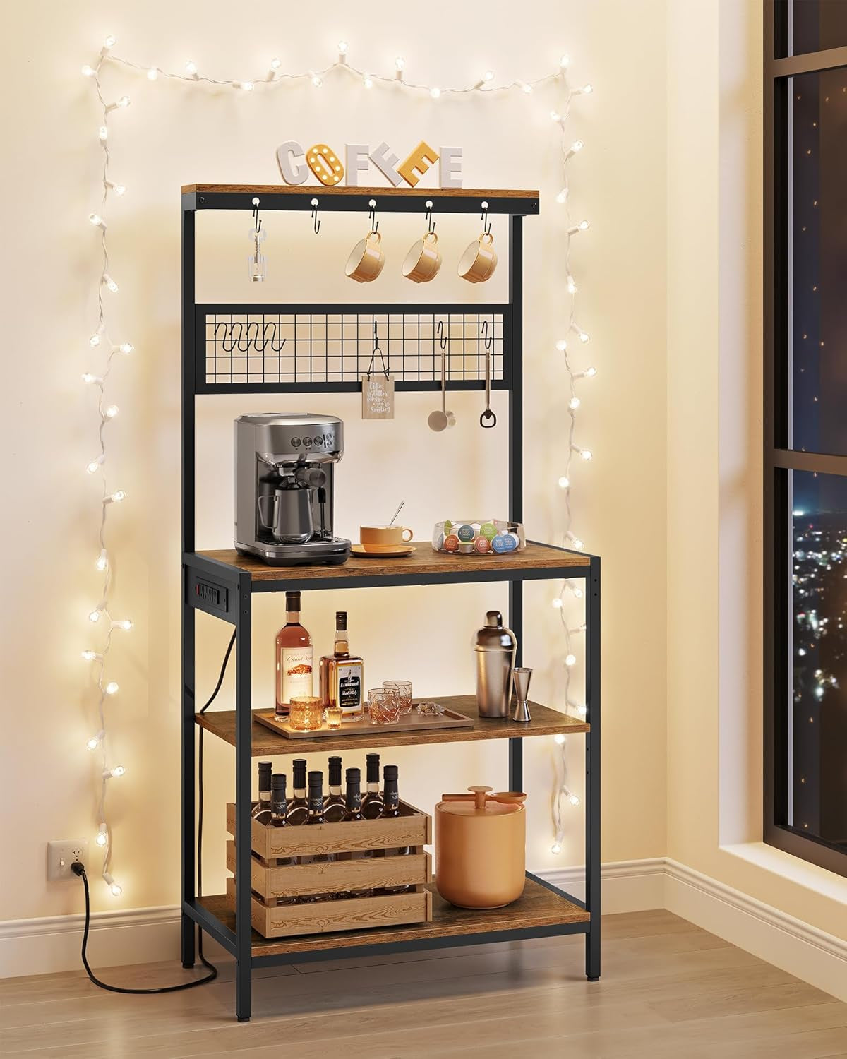 Bakers Rack with Charging Station, 31.5 Inches Coffee Bar Stand with Adjustable Storage Shelf, Grid Panel, 12 Hooks, Table for Microwave, Kitchen, Rustic Brown and Ink Black UKKS016K01