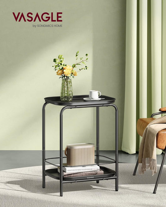 2-Tier Outdoor Table, Small Side End Table with Tray Storage, Bedside Nightstand for Living Room, Bedroom, Modern Style, Ink Black ULET243B01