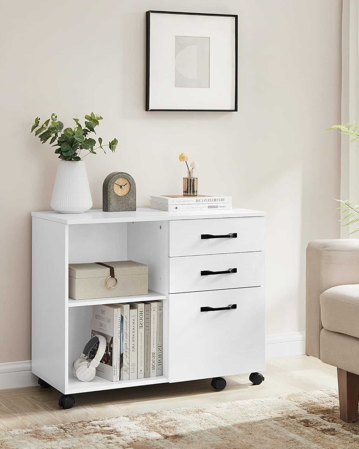 Lateral File Cabinet, Home Office Printer Stand, 3-Drawer Mobile Filing Cabinet with Open Storage Shelves, for A4, Letter-Size Files, White with Wood Grain UOFC041W46