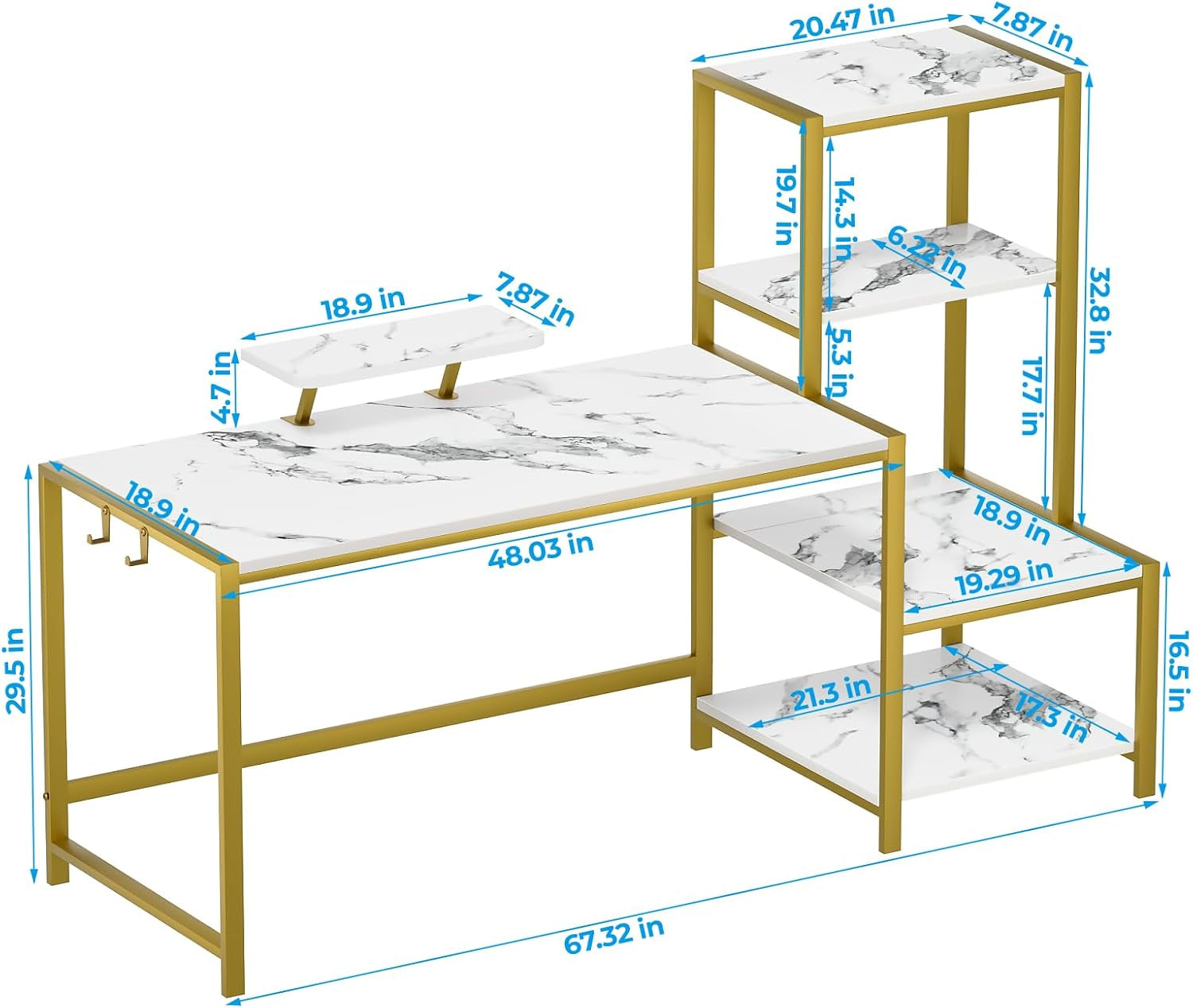 Computer Desk 67 Inch with Printer Shelf, Reversible Office Desk with Monitor Stand and 2 Hooks, Home Desk Workstation for Study Writing Working Gaming, Marble