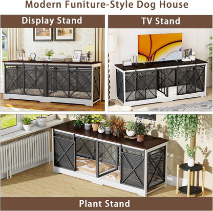 78 Inch Double Dog Crate Furniture, Extra Large Dog Kennel Indoor for Medium Large 2 Dogs, Heavy Duty Dog Cage Chew-Resistant Steel and Wooden Pet House with Removable Divider (White Brown)