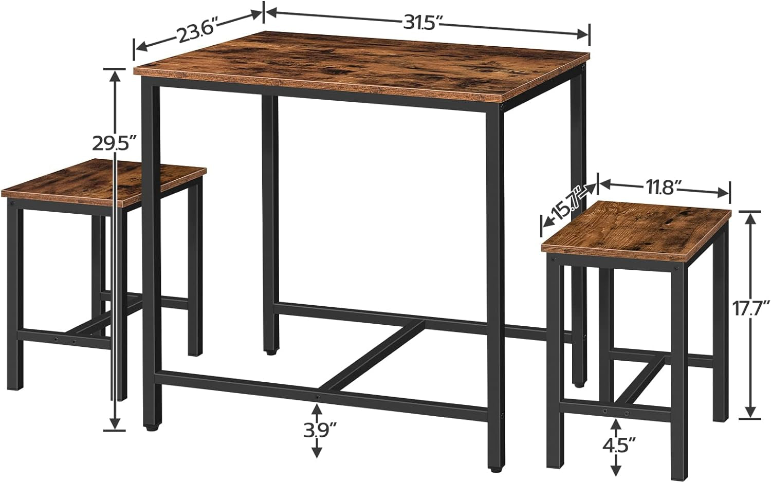 3-Piece Industrial Dining Table Set, Kitchen Table, Space Saving Dinette for Kitchen, Dining Room, Small Space, Breakfast Nook, Living Room, Party, Rustic Brown and Black BF75CZ01G1